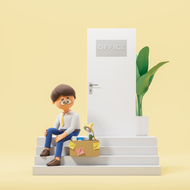 3 d渲染。悲伤的卡通人开了枪，坐在办公室门口的楼梯上图片下载