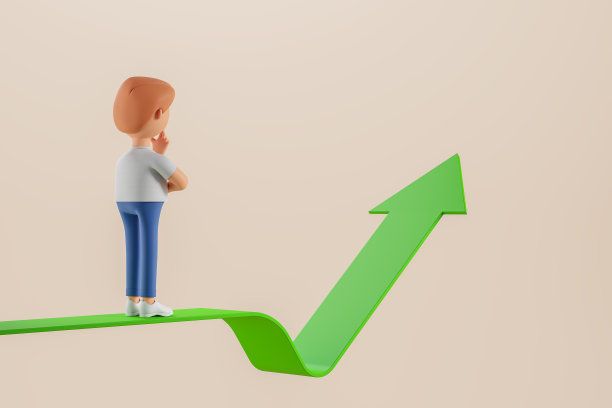 3 d渲染。漫画人站在绿箭上冉冉升起，进步而有思想图片下载