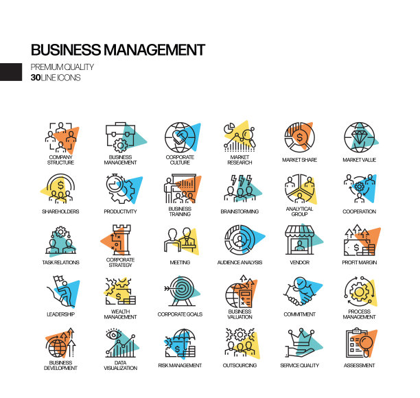与业务管理相关的聚光灯矢量线图标的简单设置。大纲符号集合。图片下载