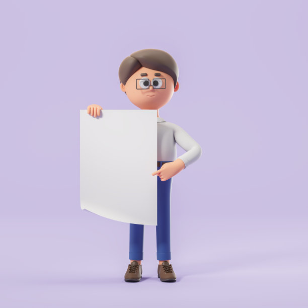 3 d渲染。卡通商人拿着紫色背景的模拟标语牌图片下载