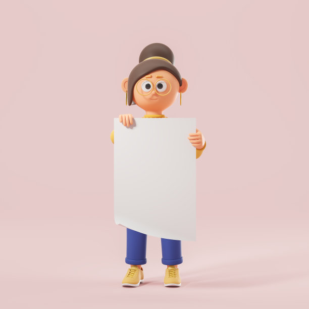 3 d渲染。卡通女人拿着一个粉色背景的模拟海报图片下载