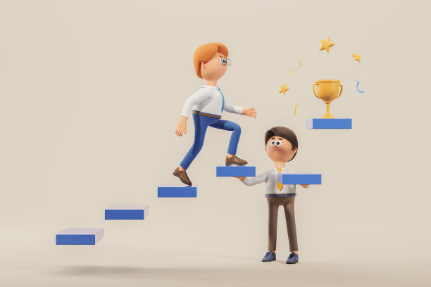 男子在同事的支持下爬楼梯去拿奖杯图片下载