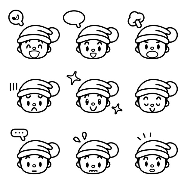 一套圣诞图标，一个戴着圣诞帽的可爱男孩，有九种黑白面部表情图片下载