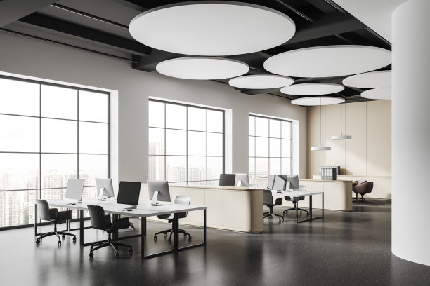 白色和黄色的开放空间办公室与柱子图片下载