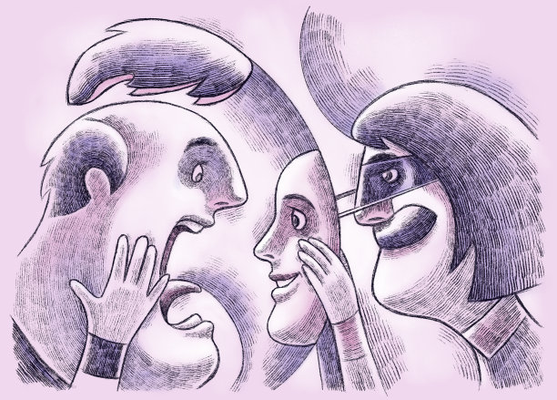 男人震惊和尖叫，假发脱落，而女人揭开面具的脸图片下载