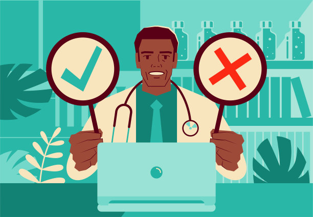 一位中年医生使用笔记本电脑提供远程医疗服务，同时做出OK和NO的手势图片下载