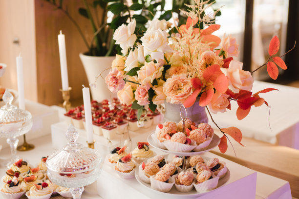婚宴上的糖果棒配上美味的甜点和开胃菜。图片下载