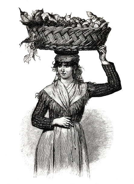 斯洛文尼亚的一名妇女头上顶着篮子，里面装满了水果，背景是白色图片下载