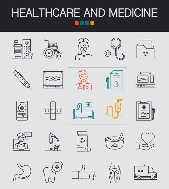 医疗保健和医疗行图标可编辑描边。医院，医生，护士，急救箱，救护车，心电图，病历，重症监护图片下载