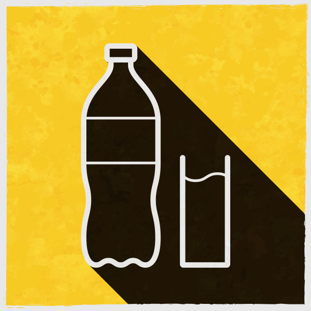 一瓶和一杯苏打水。图标与长阴影的纹理黄色背景图片下载