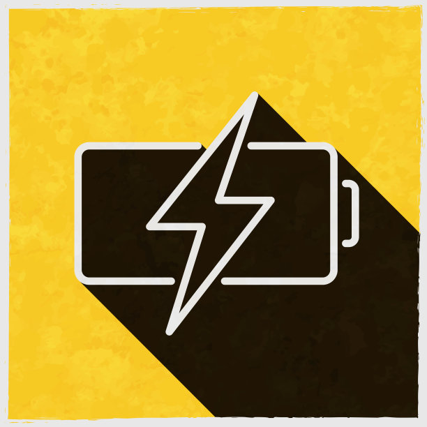 电池充电。图标与长阴影的纹理黄色背景图片下载