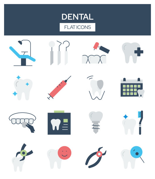 牙科相关的现代平面图标矢量集合图片下载