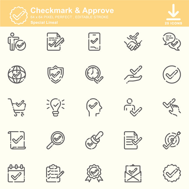检查标记，包含检查，接受，同意，选择，确认，批准，正确，完成，检查表，和验证的线性图标，可编辑的笔画，64x64像素完美图片下载
