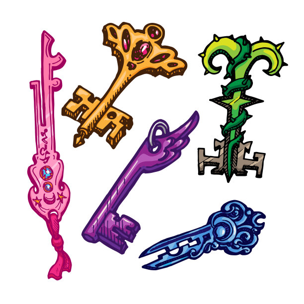 一套手绘幻想键孤立在白色图片下载