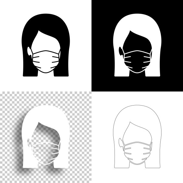 妇女在医疗脸保护口罩。图标设计。空白，白色和黑色背景-线图标图片下载