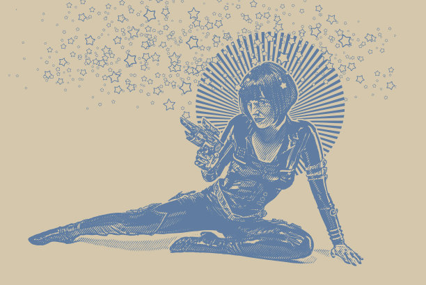 复古风格的科幻女性瞄准射线枪图片下载