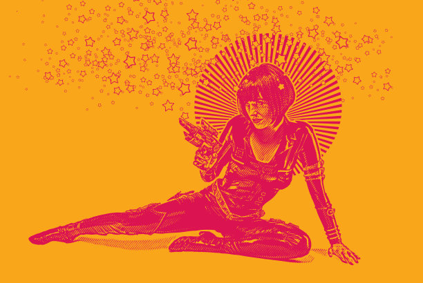 复古风格的科幻女性瞄准射线枪图片下载