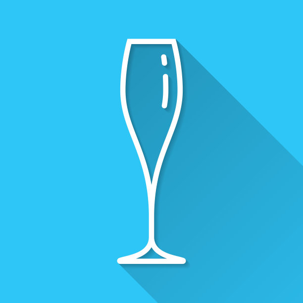 一杯香槟。蓝色背景上的图标-长阴影平面设计图片下载