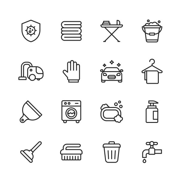 清洗线图标。可编辑的中风。像素完美。移动和网络。包含细菌，清洁，洗涤，擦拭，毛巾，熨烫，洗衣，水桶，吸尘器，清洁手套，洗车机，肥皂，废物容器等图标。图片下载