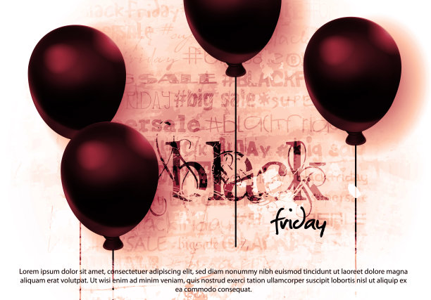现实风格的季节性销售理念。黑色星期五，季末。设置气球与折扣文本在抽象垃圾混凝土背景。创意矢量海报或横幅。图片下载