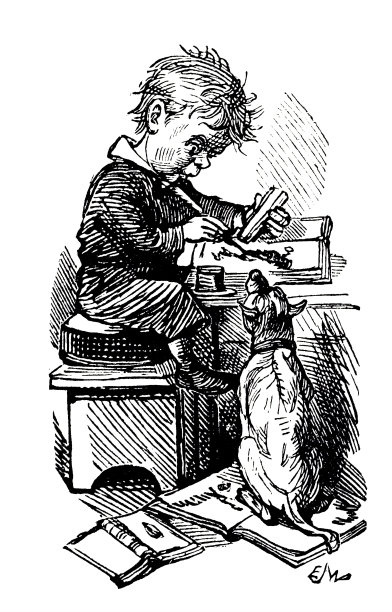 男孩坐在书桌前草草画了一幅画，他的狗看着，在白色背景上剪下来图片下载