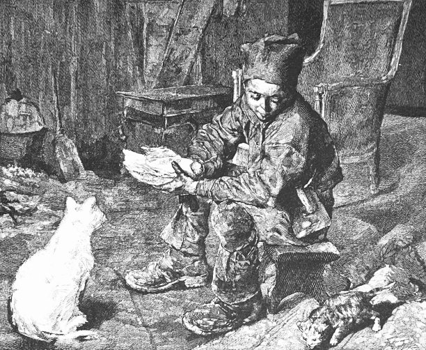 扫烟囱的男孩吃饭时坐在凳子上，周围都是猫图片下载