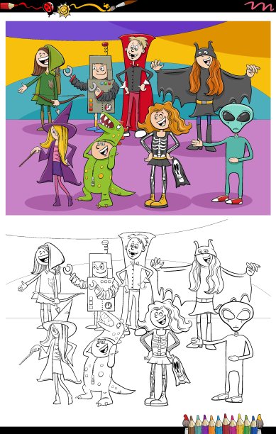 卡通万圣节人物组涂色书页图片下载