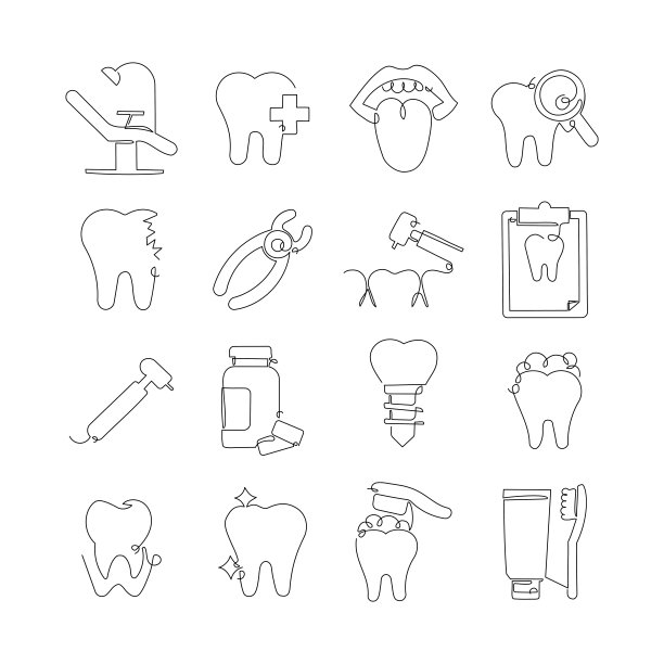 牙科相关单线图标。大纲符号集合图片下载
