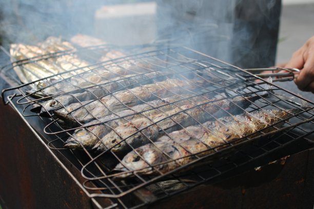 男子烤鱼特写图片下载