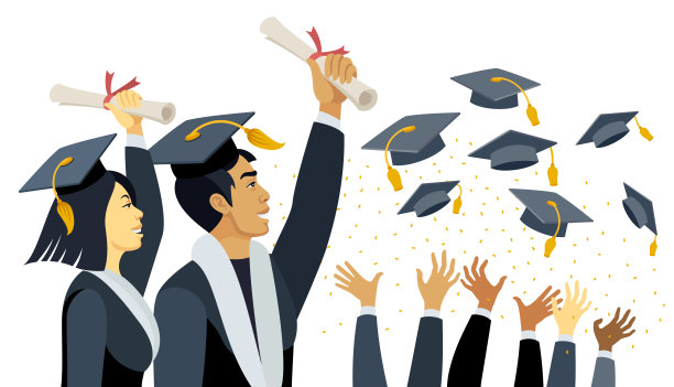 年轻的亚洲男女在毕业典礼上。学生们把毕业帽抛向空中。图片下载