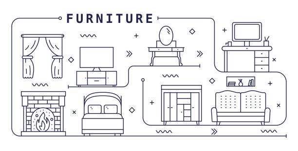 家具矢量设计。设计是可编辑的，颜色可以改变。矢量创意图标集:沙发，椅子，床，书桌，衣柜，书桌，卧室图片下载