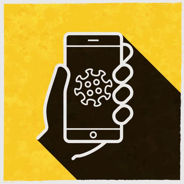 COVID-19智能手机应用-冠状病毒应用。图标与长阴影的纹理黄色背景图片下载