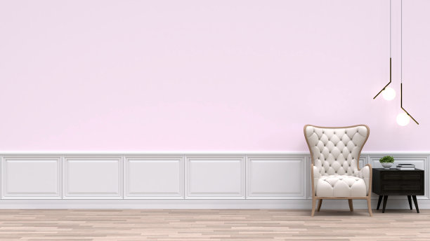 布置在装饰墙上的室内家具。图片下载