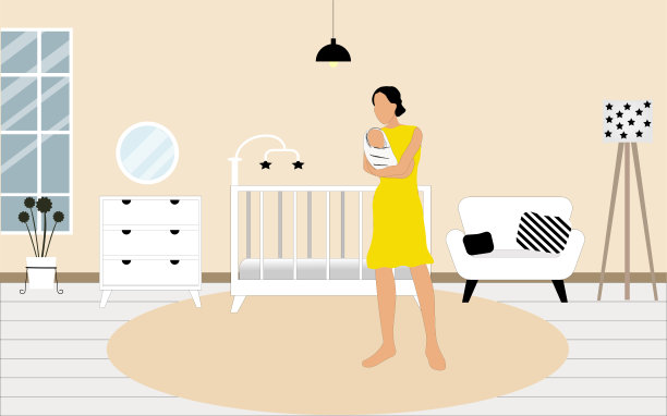 一位母亲和她的婴儿站在育婴室里图片下载