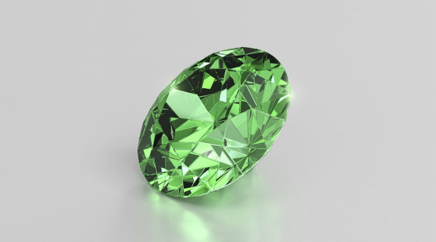 绿色闪亮的辉煌钻石放置在灰色的背景。三维渲染图片下载