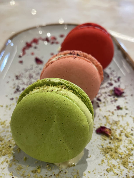 餐厅甜点的全画幅图片，有三排五颜六色的马卡龙，盘子里装满了调味的白脱奶油，开心果、玫瑰和草莓味的蛋白霜，绿色、红色和粉红色的糖果，重点放在前景上图片下载