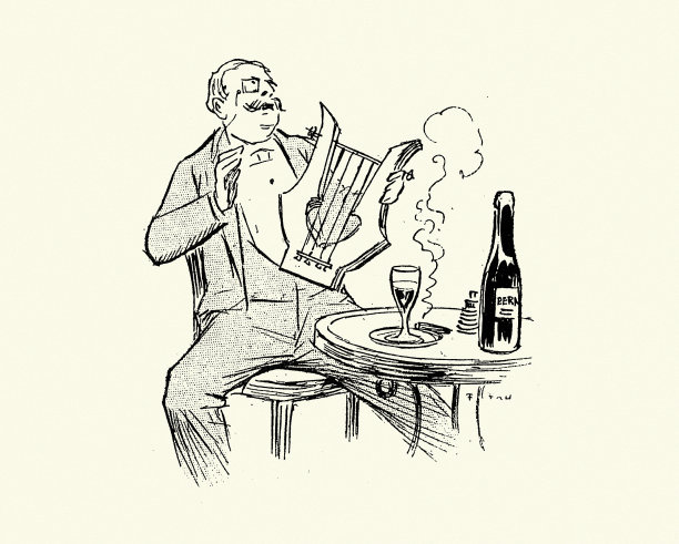 男人弹七弦琴，喝酒，抽雪茄，19世纪晚期的法国图片下载