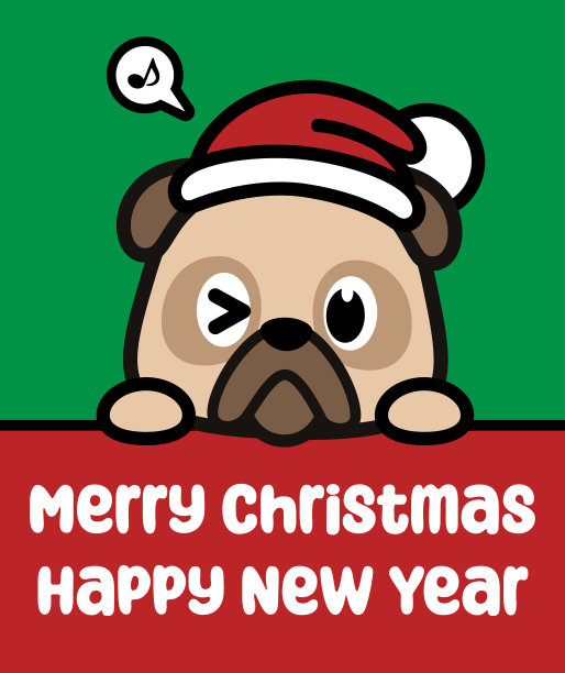 戴着圣诞帽的可爱狗狗拿着标牌祝您圣诞快乐、新年快乐图片下载
