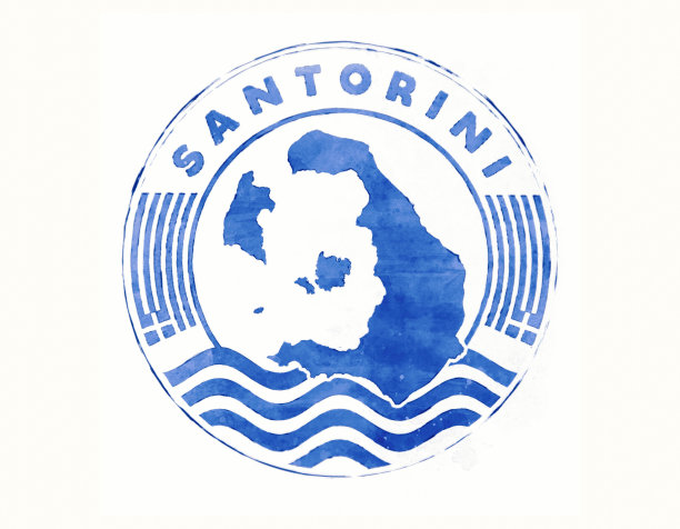 圣托里尼地图在圈邮票水彩画图片下载