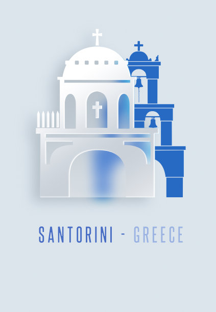 圣托里尼钟塔和希腊伊亚的蓝色圆顶在平面设计上的插图图片下载