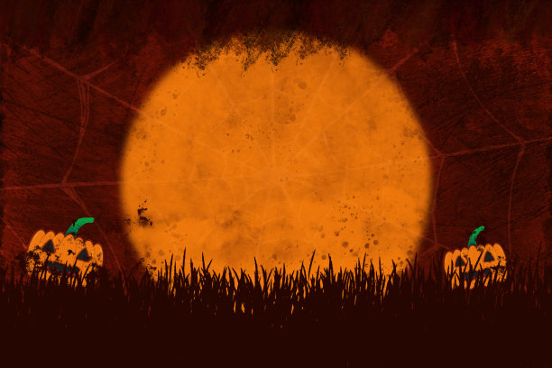 朦胧恐怖的午夜视图，空白的幽灵般的暗栗色或棕色渐变色，蜘蛛网或蜘蛛网的背景和两个橙色雕刻南瓜灯与绿色茎，杰克灯藏在地下的黑色草丛中图片下载