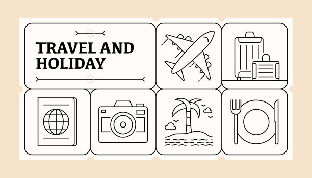 旅游和假日线图标集和横幅设计图片下载