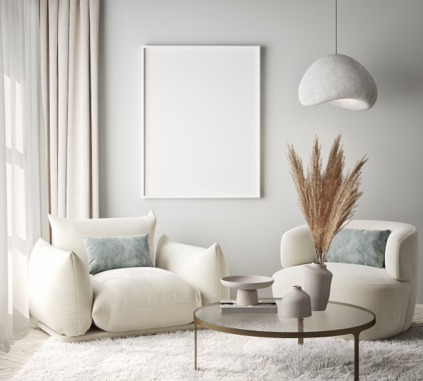 客厅墙上的海报框架模型。豪华的公寓背景与当代设计。现代室内设计。3D渲染，3D插图图片下载