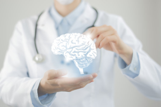 面目全非的医生手里拿着高光手工制作的Brain。医学插图模板科学模型图片下载