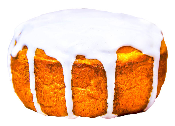 复活节甜面包东正教kulich，帕斯卡装饰糖霜孤立在白色背景。图片下载