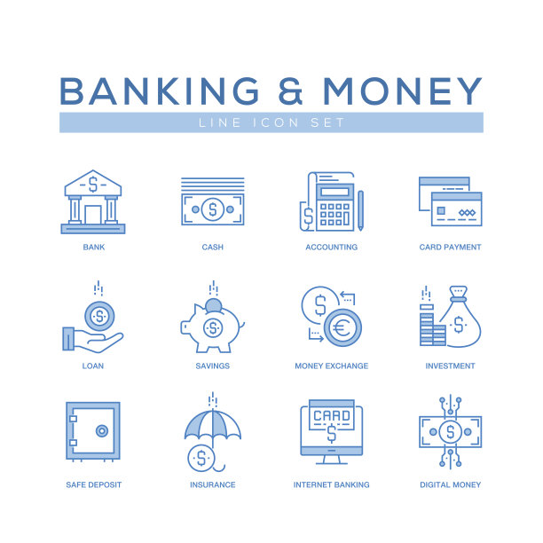 银行和金钱线图标设置图片下载