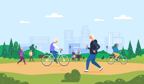 老年人活动公园。老年人跑步，老年人骑自行车，老年人在夏天的自然中散步，退休运动员的生活方式，健身慢跑，花哨的矢量插图图片下载