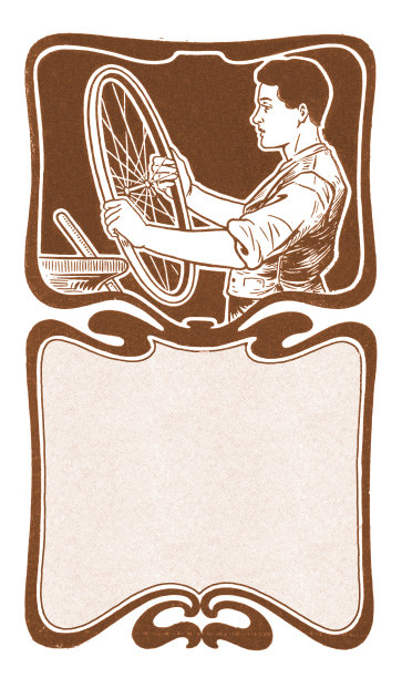 在修理店修理自行车轮子的人1899年图片下载