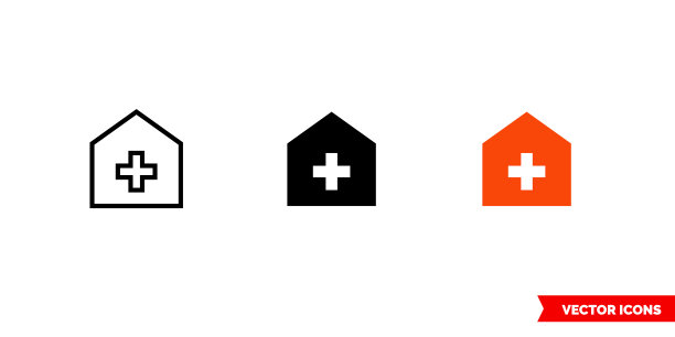医院图标有三种颜色、黑白、轮廓。孤立向量符号符号图片下载