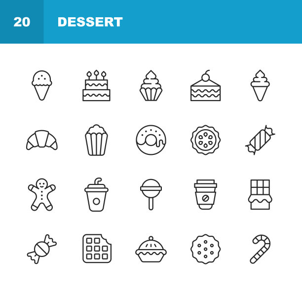 甜品线图标。可编辑的中风。包括苹果派，烘焙，生日，饼干，布朗尼，蛋糕，糖果，饼干，烹饪，羊角包，甜点，甜甜圈，食品，冰淇淋，棒棒糖，馅饼，爆米花，餐厅，糖，华夫巧克力等图标。图片下载